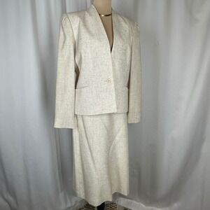 Vintage 1980s Suitsme Linen Blend Skirt Suit Size 12 Ivory Made USA READ